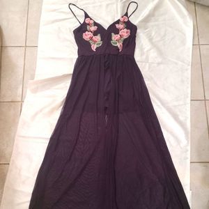 Plum, embroidered Romper with Train